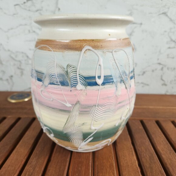 Handmade Ceramic Utensil Jar in Pastels by Sandy Dumba, 7" tall, 5" across - Picture 6 of 12